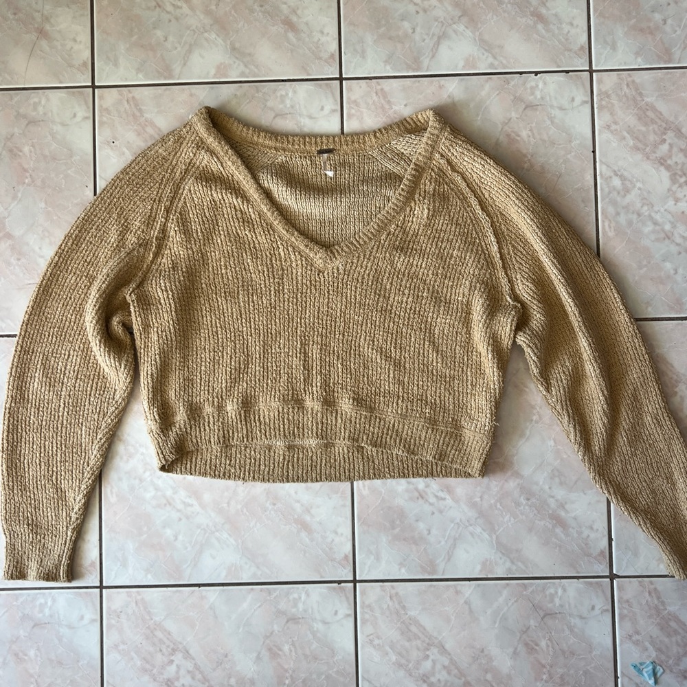 Free people beige brown knit sweater cropped